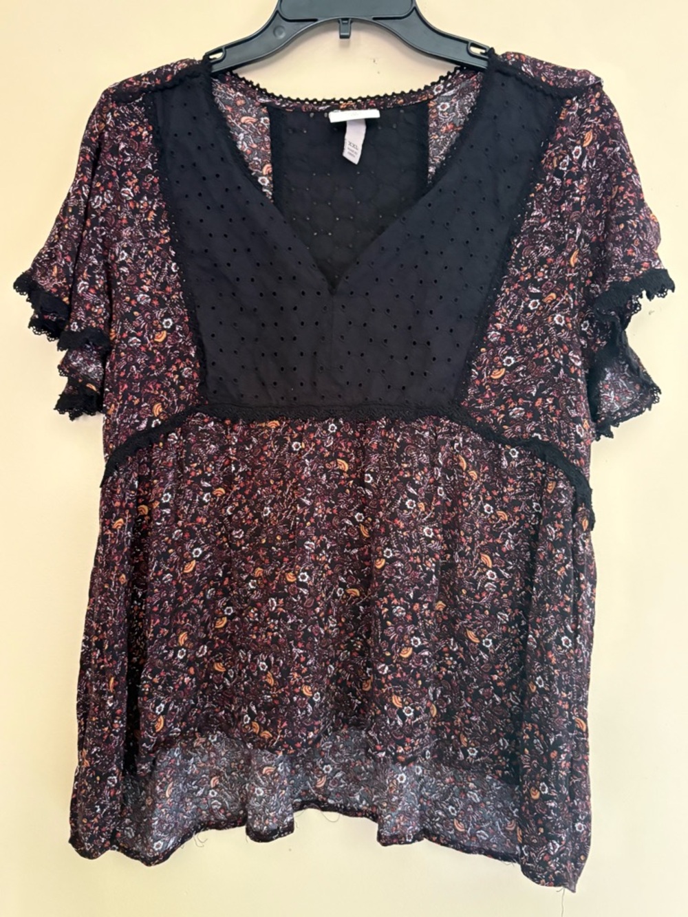 Knox Rose Black Yoke Floral Peasant Blouse - Burgundy Mix
